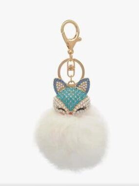 White Rhinestone Fox Fluffy Pom-Pom Y2K Keychain. H-6.4” W-3”. New.